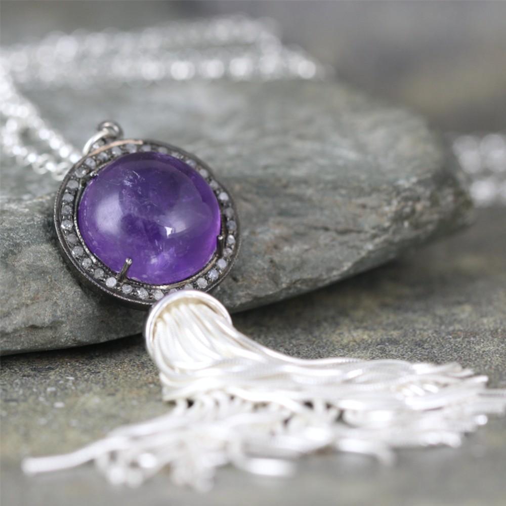 Amethyst and Raw Diamond Tassel Necklace - Sterling Silver - Purple Gemstone Jewellery