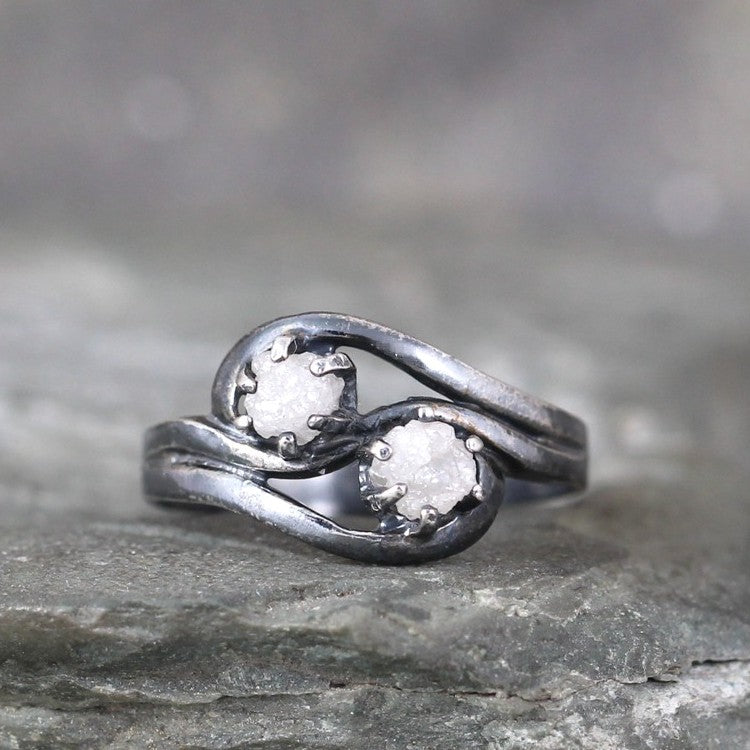 Two Stone Raw Diamond Engagement Ring & Wedding Band