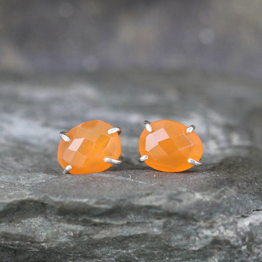 Carnelian Earrings - Sterling Silver Stud Earring - Rose Cut Gemstones - Orange Tone Earrings - Living Coral Color Earrings