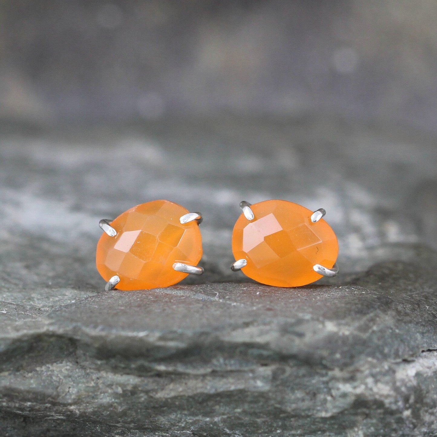 Carnelian Earrings - Sterling Silver Stud Earring - Rose Cut Gemstones - Orange Tone Earrings - Living Coral Color Earrings