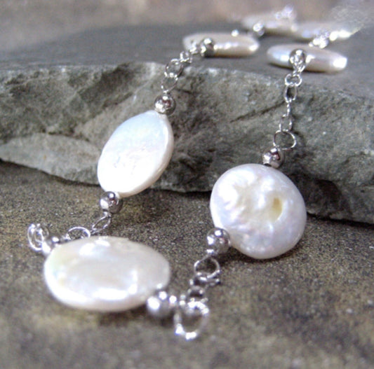 Freshwater Coin Pearl and Sterling Silver Necklace - 18"