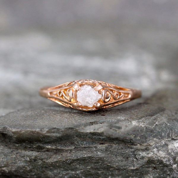 Antique Style 14K Pink Gold and Raw Diamond Ring - Filigree Style Engagement Ring