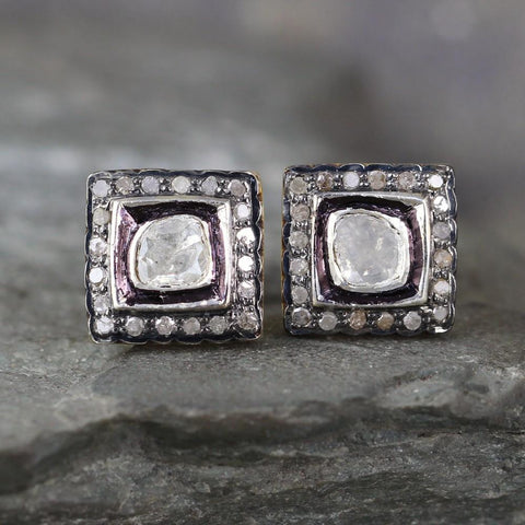 Diamond Slice Earrings - Diamond Cluster Earring - Aged Patina Sterling Silver & Vermeil