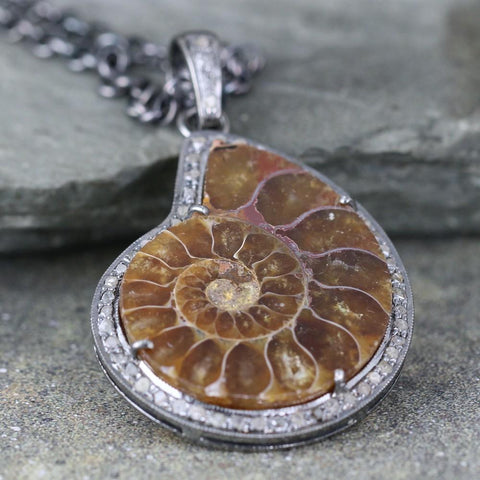 Ammonite and Raw Diamond Pendant - Fossil Jewellery