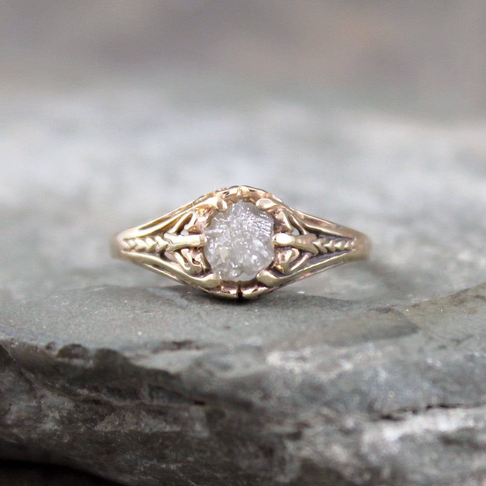 Raw Diamond Engagement Ring 14K Gold Filigree Design