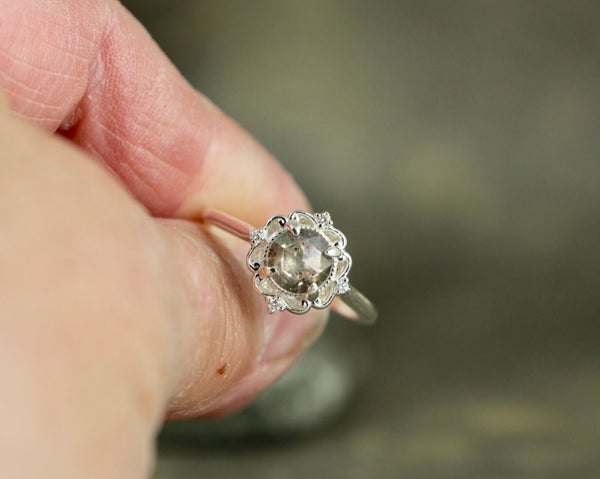 Salt & Pepper Rose Cut Diamond Ring - Modern Halo Ring