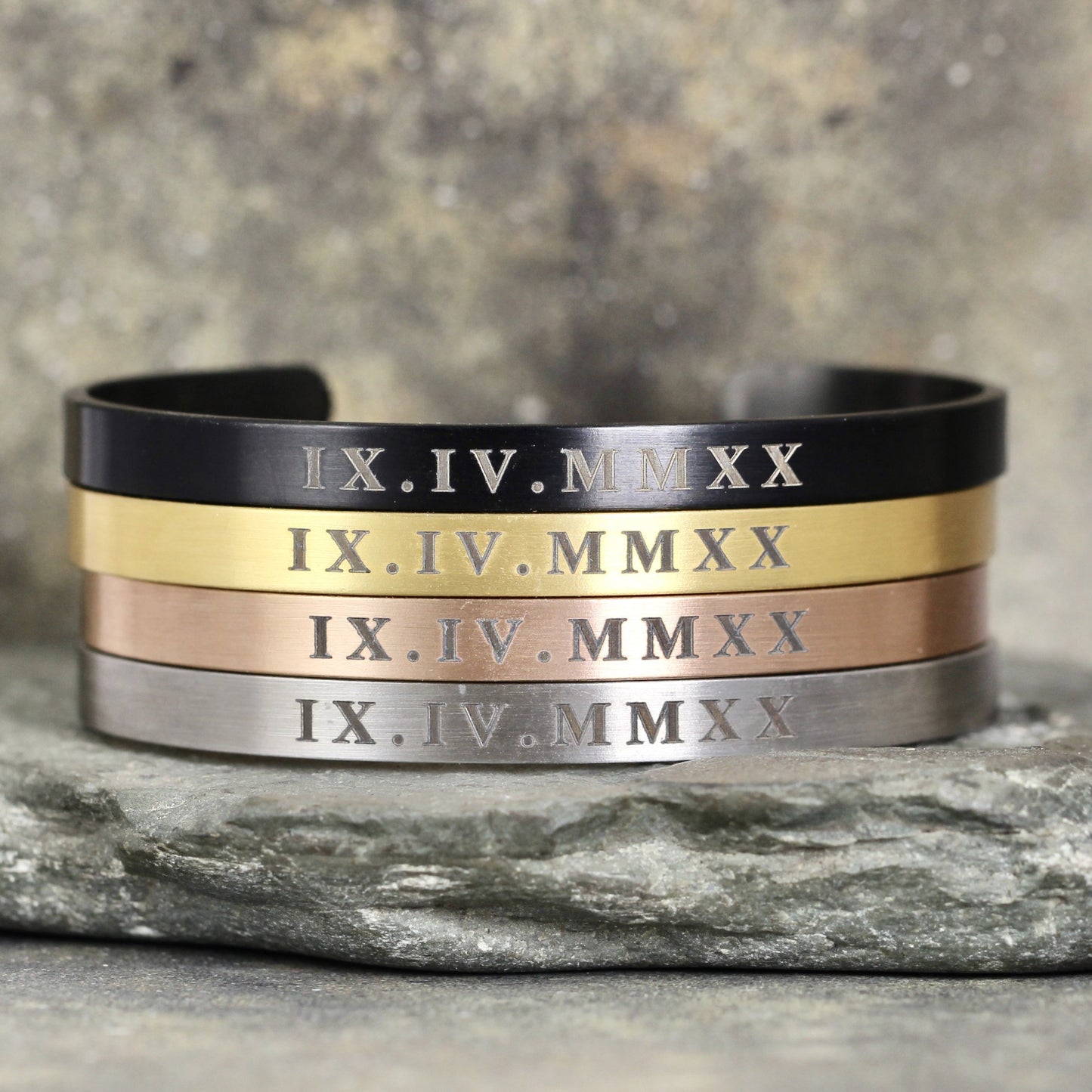 ROMAN NUMERAL Cuff Bracelet - Stainless Steel in your choice of rose, yellow, steel or black - Engraved with your special date