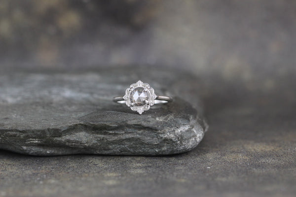 Salt & Pepper Rose Cut Diamond Ring - Modern Halo Ring