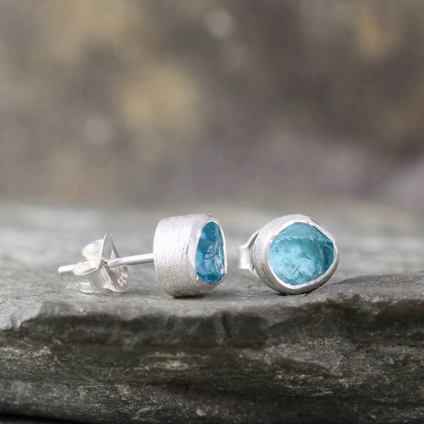 Raw Blue Apatite Earrings - Rough Uncut Blue Gemstone Earring