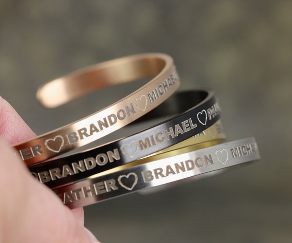 FAMILY Cuff Bracelet - Stainless Steel in your choice of rose, yellow, steel or black - Engraved with your family or friends names