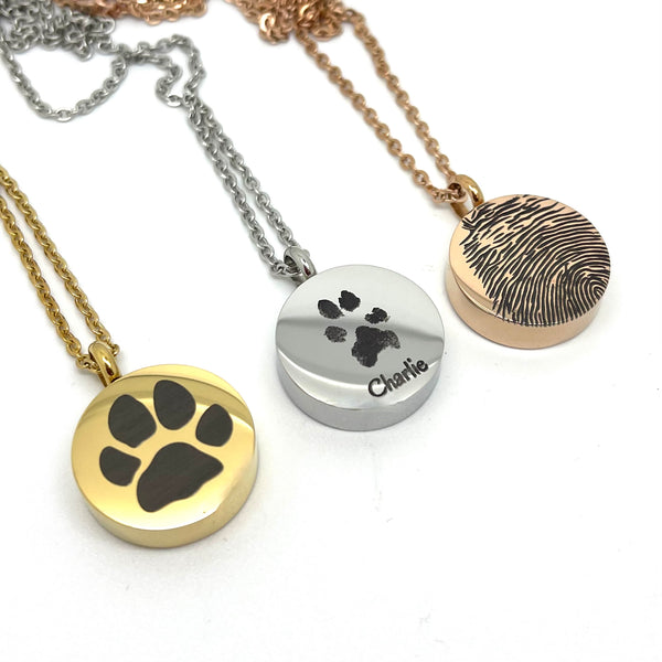 Cremation Urn Pendant - Engraved with actual Paw, Nose or Fingerprint of your cherished Loved One