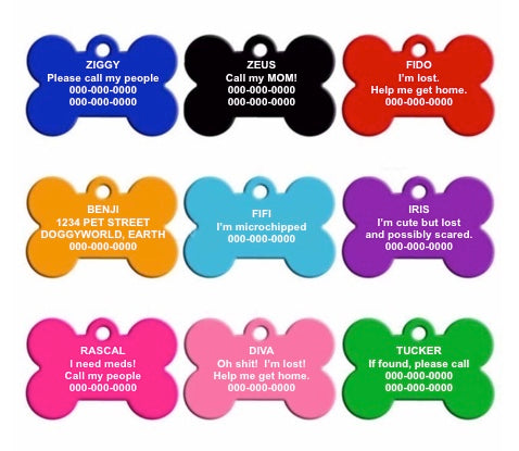 Bone Shape Dog ID Tags - 6 sizes, 9 Colors - Laser Engraved with your Custom Text