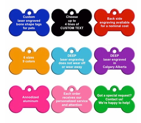 Bone Shape Dog ID Tags - 6 sizes, 9 Colors - Laser Engraved with your Custom Text