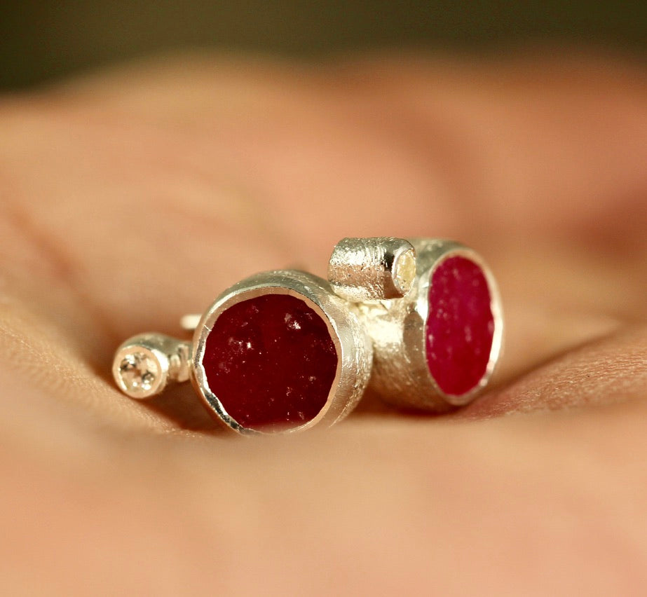 Raw Ruby with white topaz Earrings - Rough Uncut Red Gemstone Earring