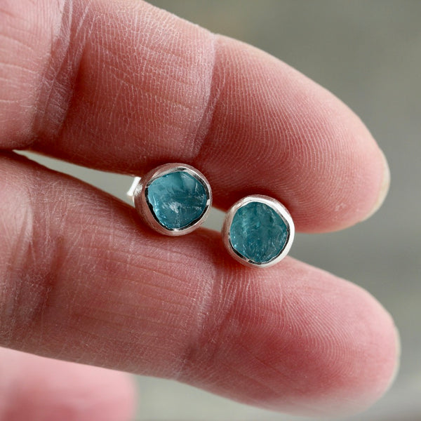 Raw Blue Apatite Earrings - Rough Uncut Blue Gemstone Earring