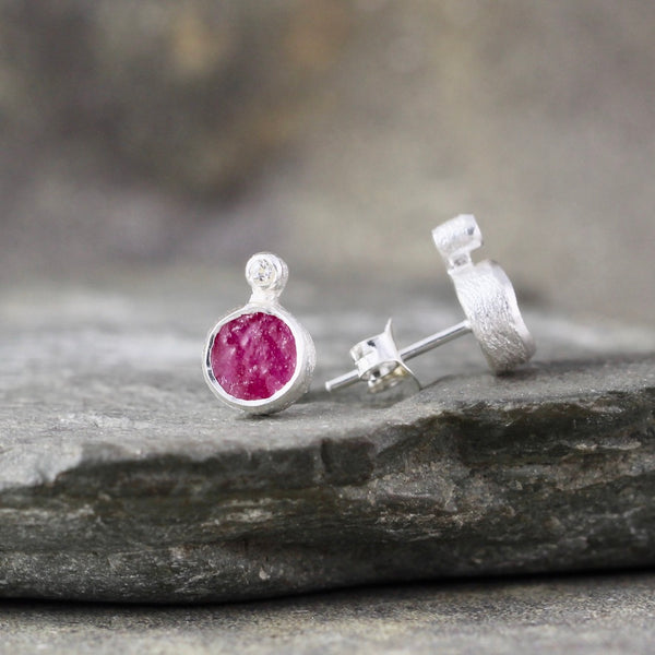 Raw Ruby with white topaz Earrings - Rough Uncut Red Gemstone Earring