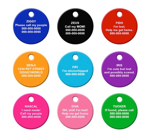 WOOF! Silhouette Dog ID Tags - 3 sizes, 9 Colors - Laser Engraved with your Custom Text