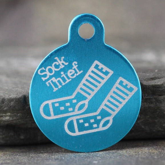 "Sock Thief" Dog ID Tag - the 'TASH' tag - 3 sizes, 9 colors - Laser Engraved with your Custom Text