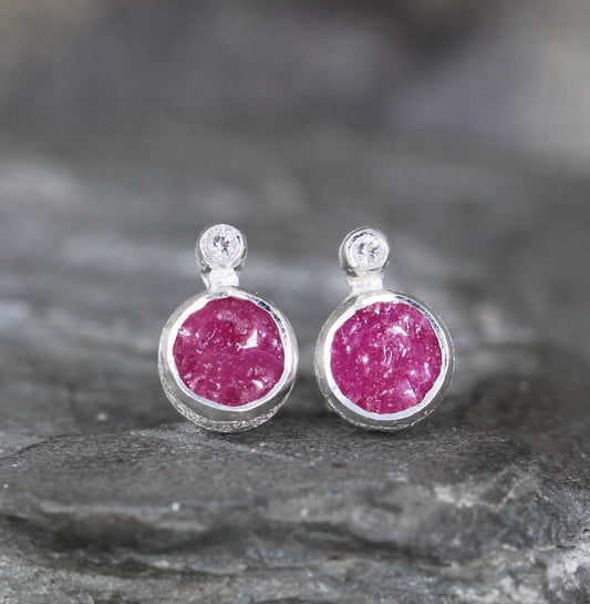 Raw Ruby with white topaz Earrings - Rough Uncut Red Gemstone Earring