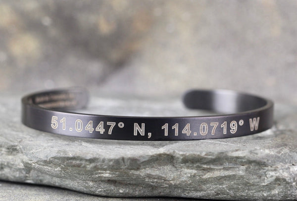 COORDINATES Cuff Bracelet - Stainless Steel in your choice of rose, yellow, steel or black - Engraved with your special place