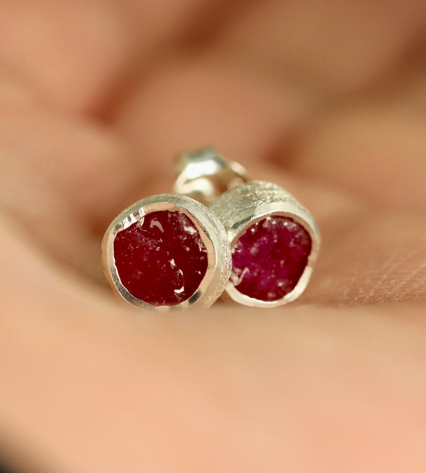 Raw Ruby Earrings - Rough Uncut Red Gemstone Earring