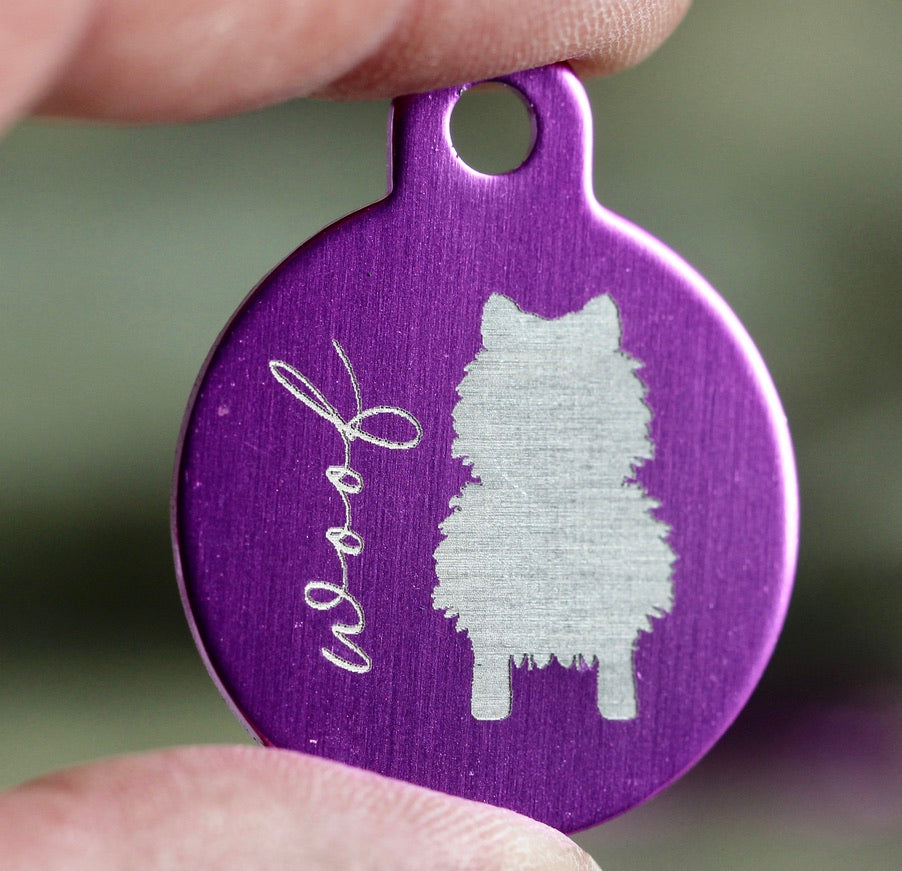 WOOF! Silhouette Dog ID Tags - 3 sizes, 9 Colors - Laser Engraved with your Custom Text