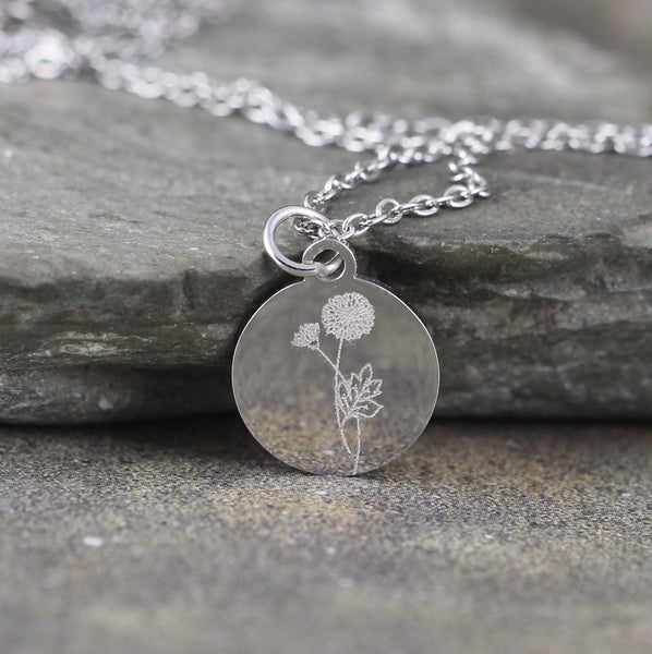 BIRTH MONTH FLOWER Pendant - Engraved - Stainless Steel in Rose, Yellow or White - Personalized Necklace