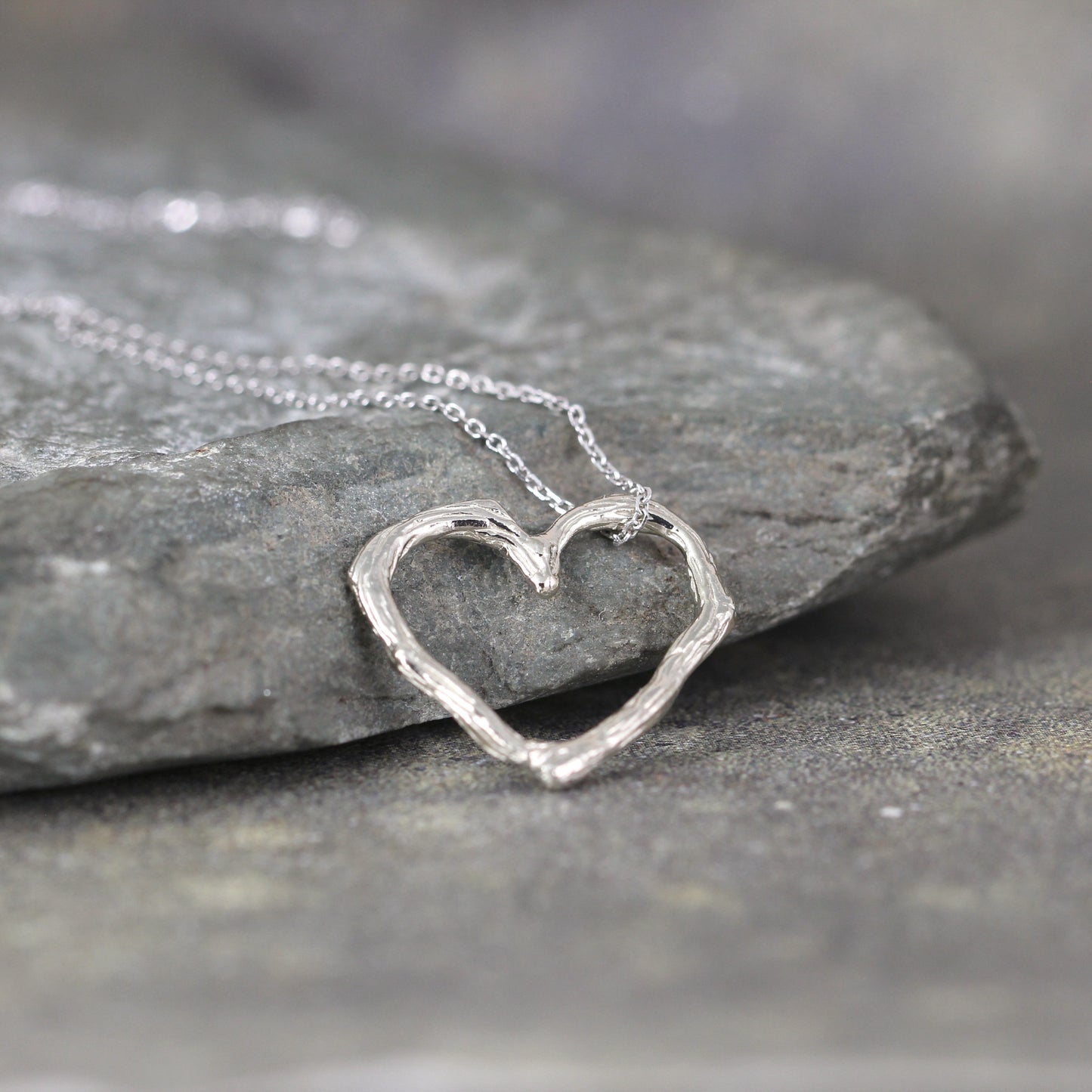 White Gold Twig Heart Pendant - Floating Heart Necklace