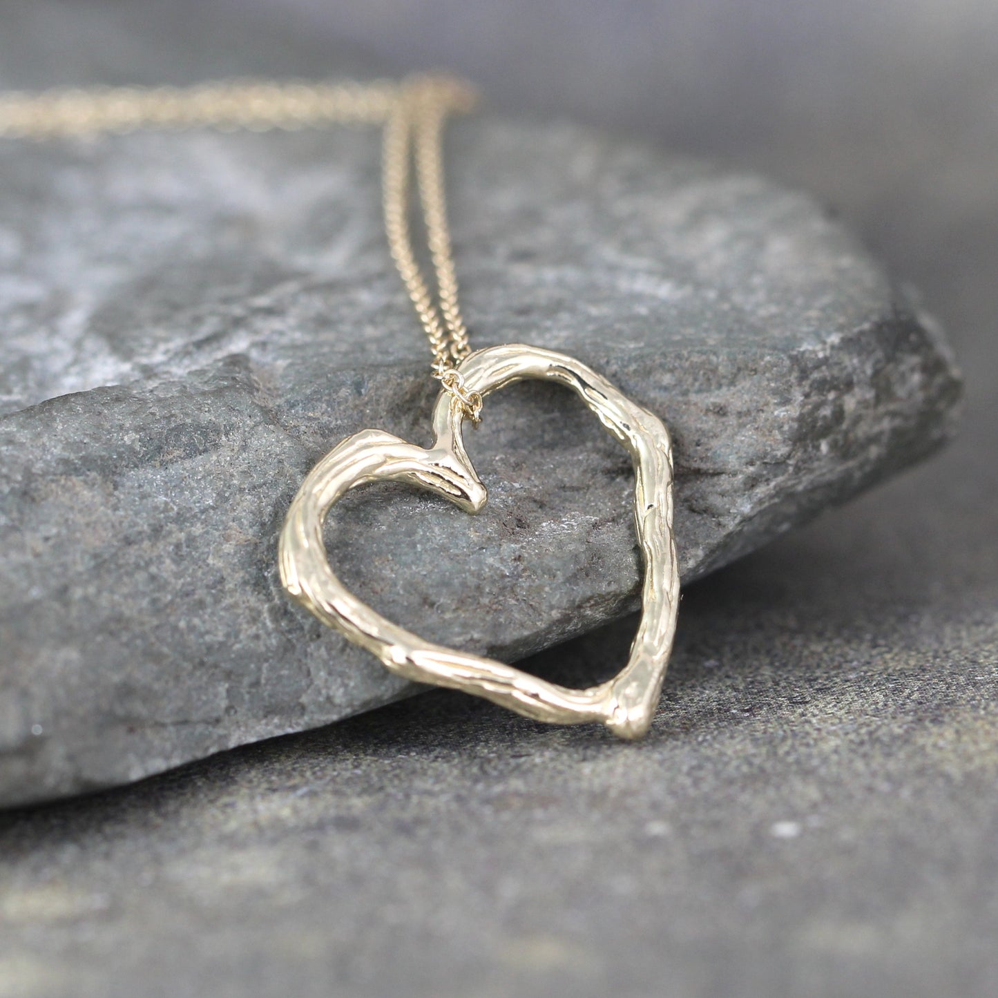 Yellow Gold Twig Heart Pendant - Floating Heart Necklace