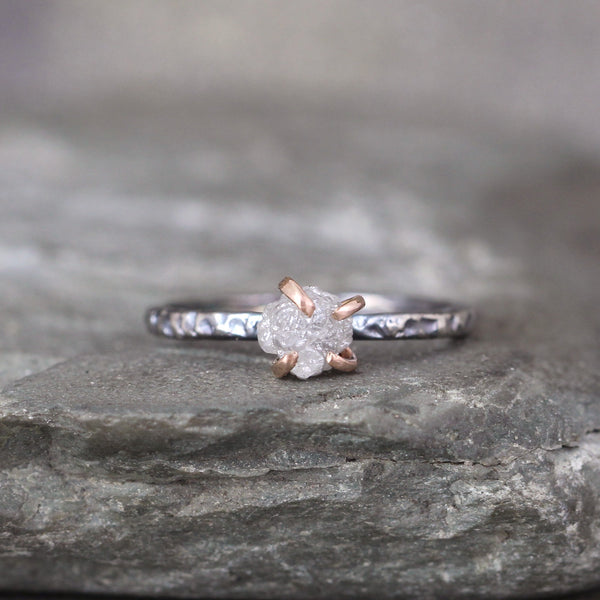 14K Rose Gold and Oxidized Sterling Silver Uncut Diamond Ring - Hammer Texture Band