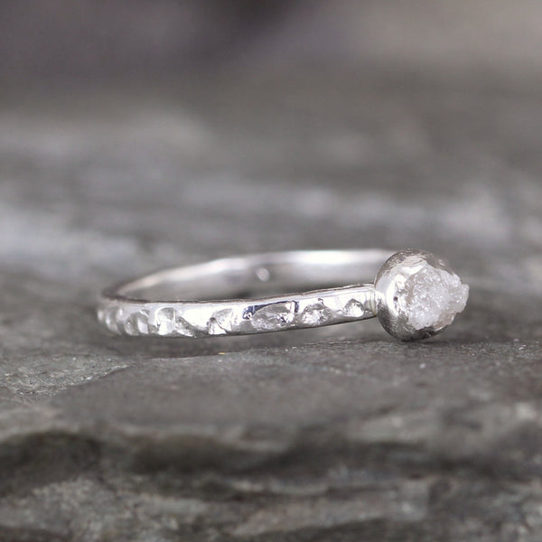 Raw Diamond Promise Ring - Bezel Set Hammered Texture Band