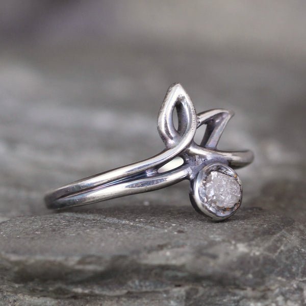 Modern Leaf Ring with Raw Diamond Gemstone