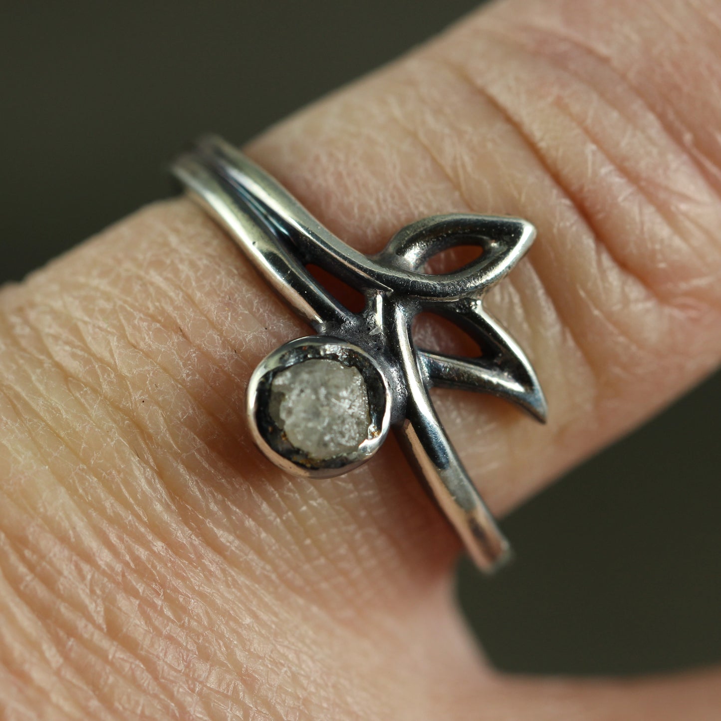 Modern Leaf Ring with Raw Diamond Gemstone