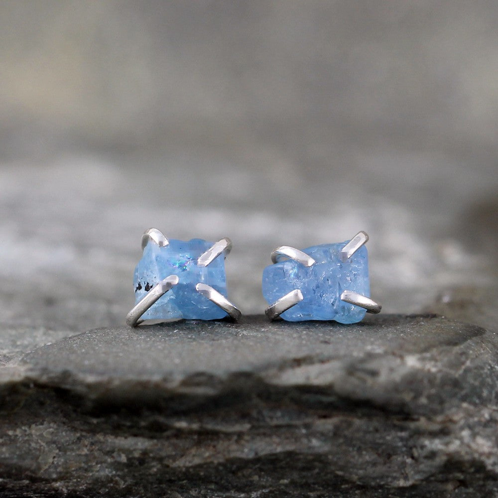 Aquamarine Earrings - Raw Uncut Rough Aquamarine Gemstone Earrings