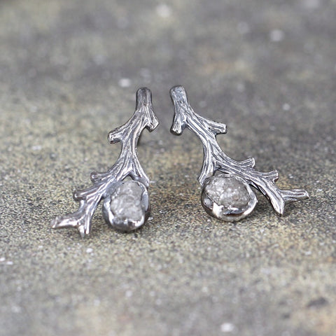 Rough Diamond Earrings - Sterling Silver Tree Branch - Twig
