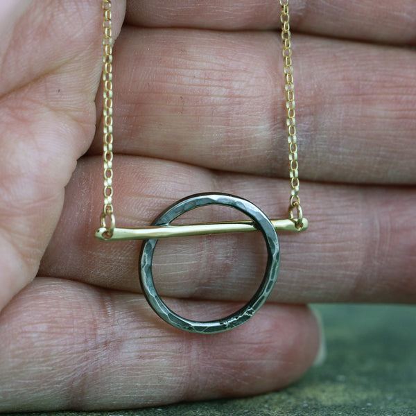 Modern Mixed Metals Circle Necklace - 14K Yellow Gold and Sterling Silver