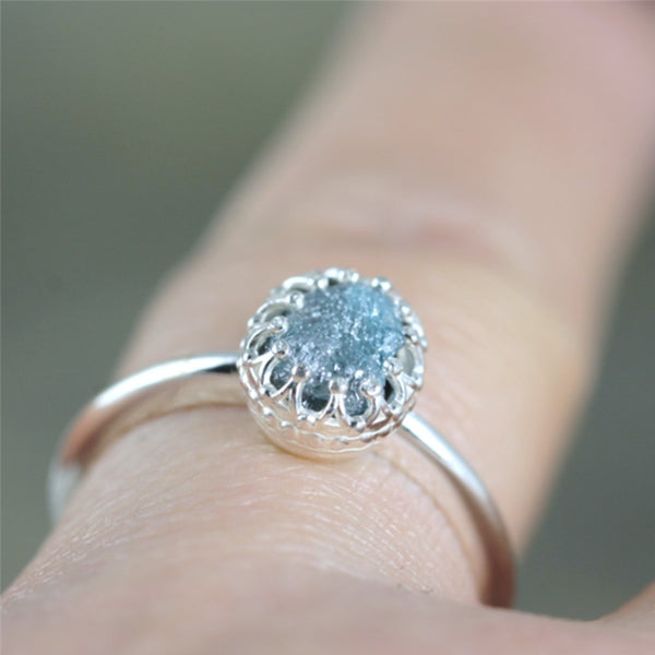 Raw Blue Diamond Ring - Crown Setting - Sterling Silver