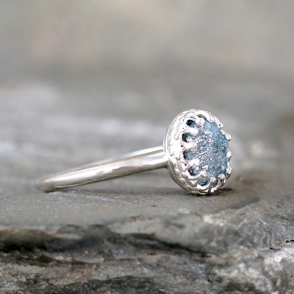 Raw Blue Diamond Ring - Crown Setting - Sterling Silver