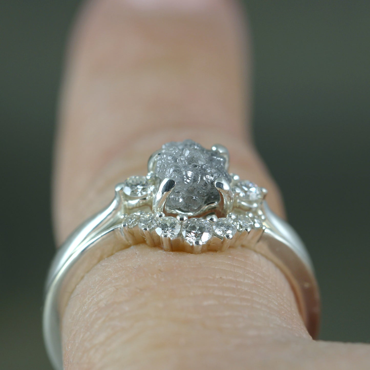 Salt & Pepper Rough Uncut Diamond Ring with Faceted Diamond Accents
