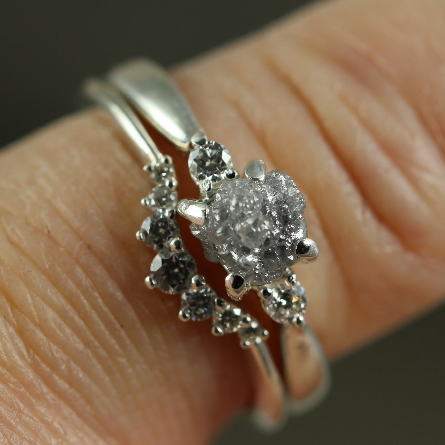 Salt & Pepper Rough Uncut Diamond Ring with Faceted Diamond Accents