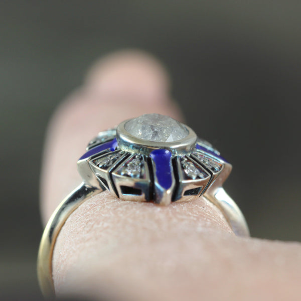 Deco Inspired Salt & Pepper Diamond Ring with Blue Enamel Detail