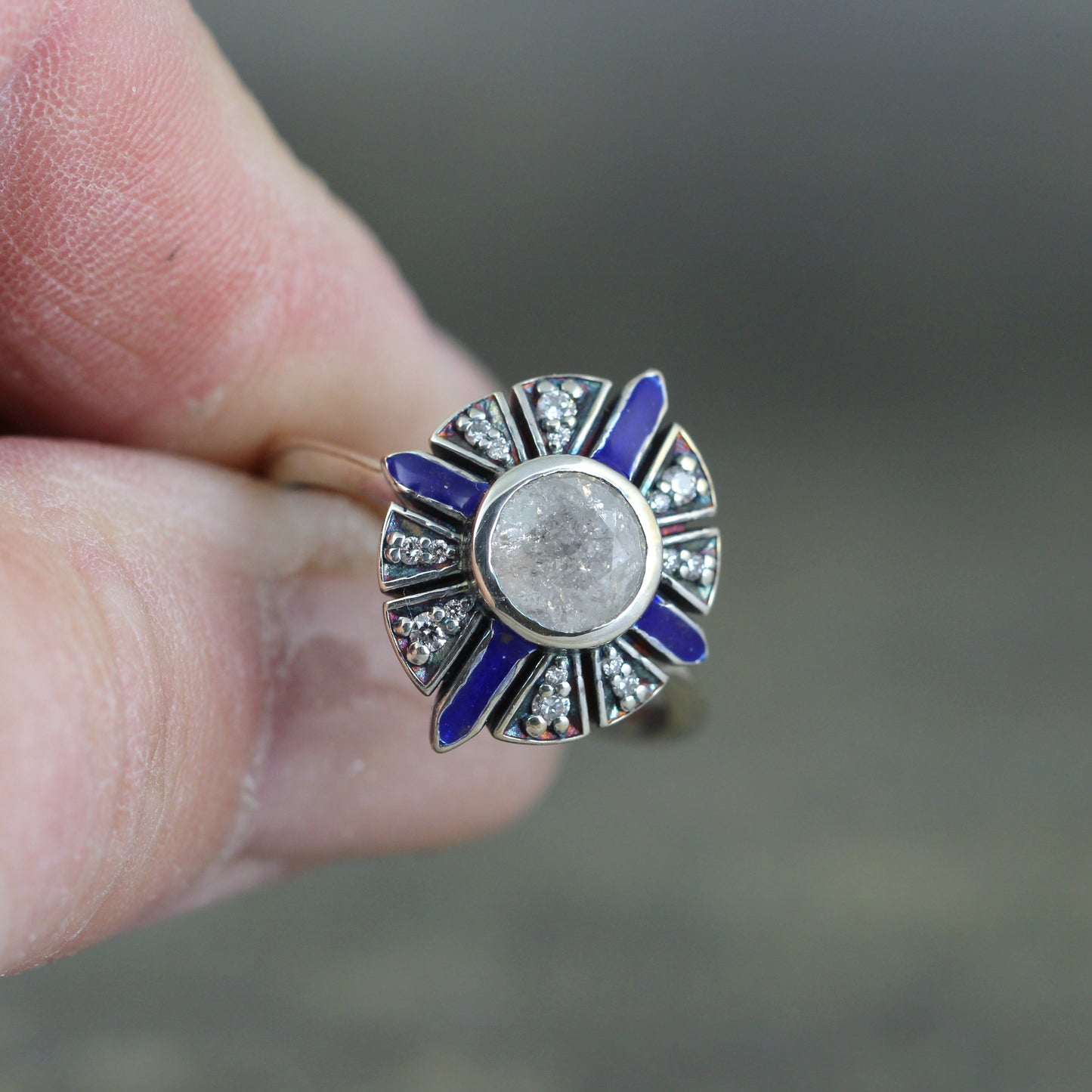 Deco Inspired Salt & Pepper Diamond Ring with Blue Enamel Detail