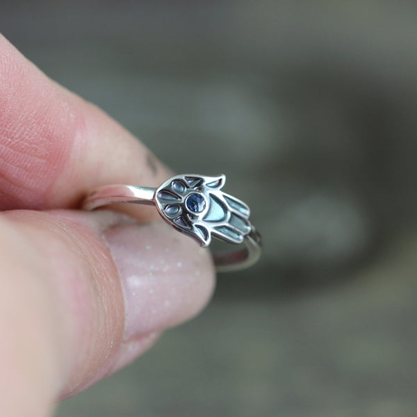Hamsa Ring - Sterling Silver with Blue Enamel
