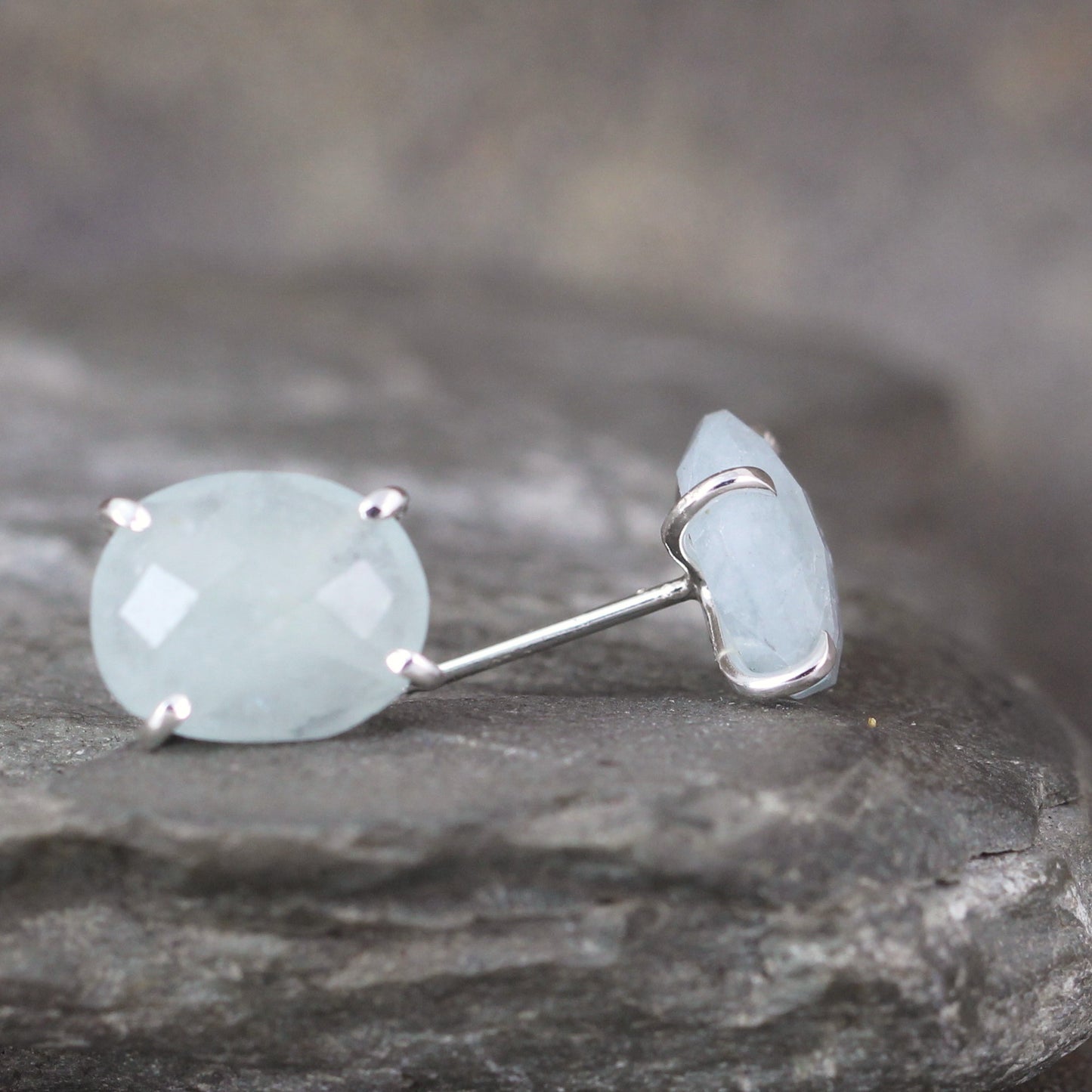 Aquamarine Earrings - Rose Cut Free Form Gemstone - Stud Earring