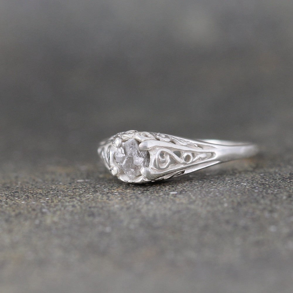 Rough Diamond Filigree Design Engagement Ring - Antique Style