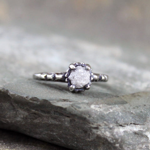 Antique Filigree Design Raw Diamond Engagement Ring - Dark Antique Patina Finish
