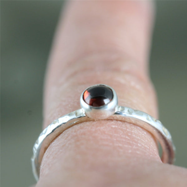 Garnet Stacking Ring - Rustic Sterling Silver - January Birthstone Ring