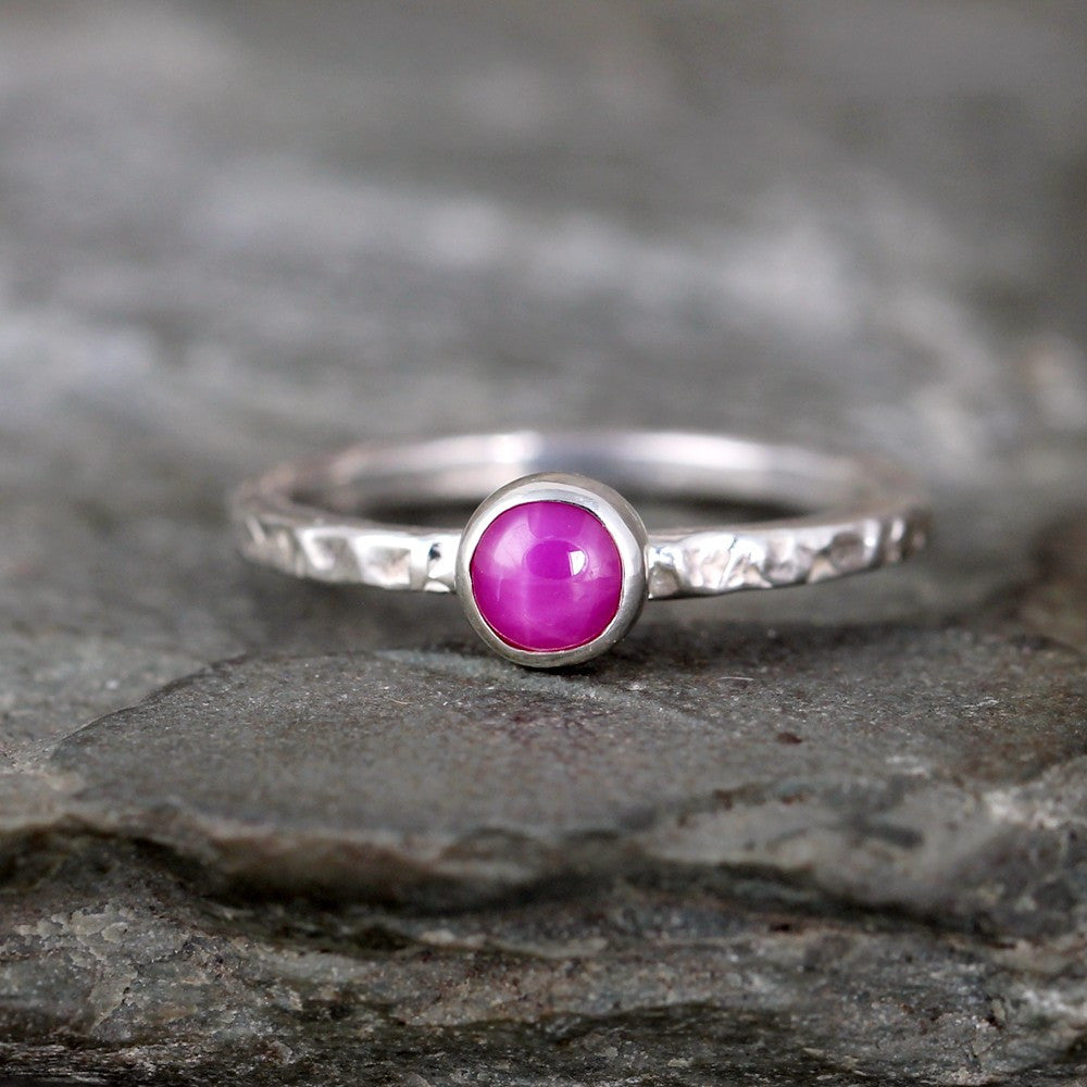 Star Ruby Stacking Ring - Rustic Sterling Silver - July Birthstone