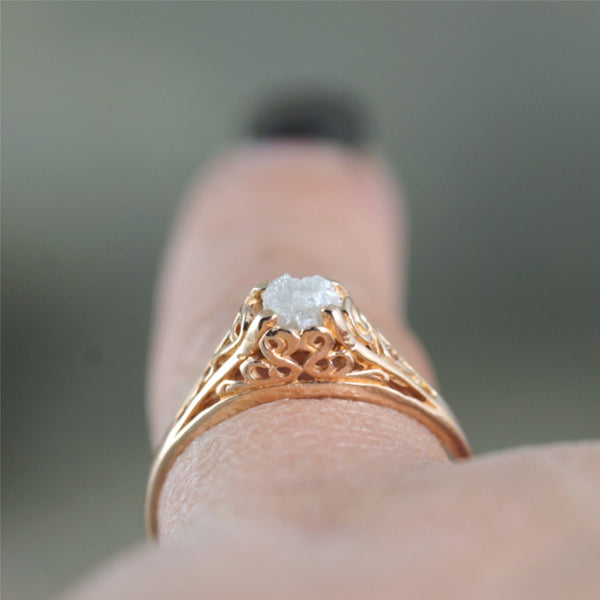 Antique Style 14K Pink Gold and Raw Diamond Ring - Filigree Style Engagement Ring