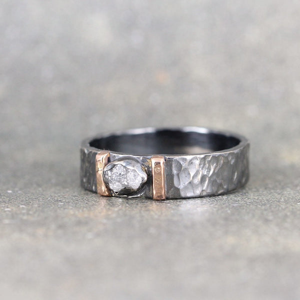 Raw Diamond Ring - Black Sterling Silver and 14K Rose Gold